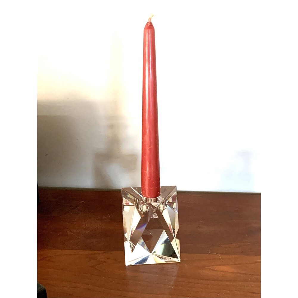 Oleg Cassini Crystal Star Clear Glass Candle Stick Holder Signed w/ Box